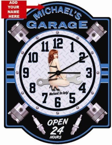 Garage Personalized Hardboard Pin Up Girl Orange Clock Sign from