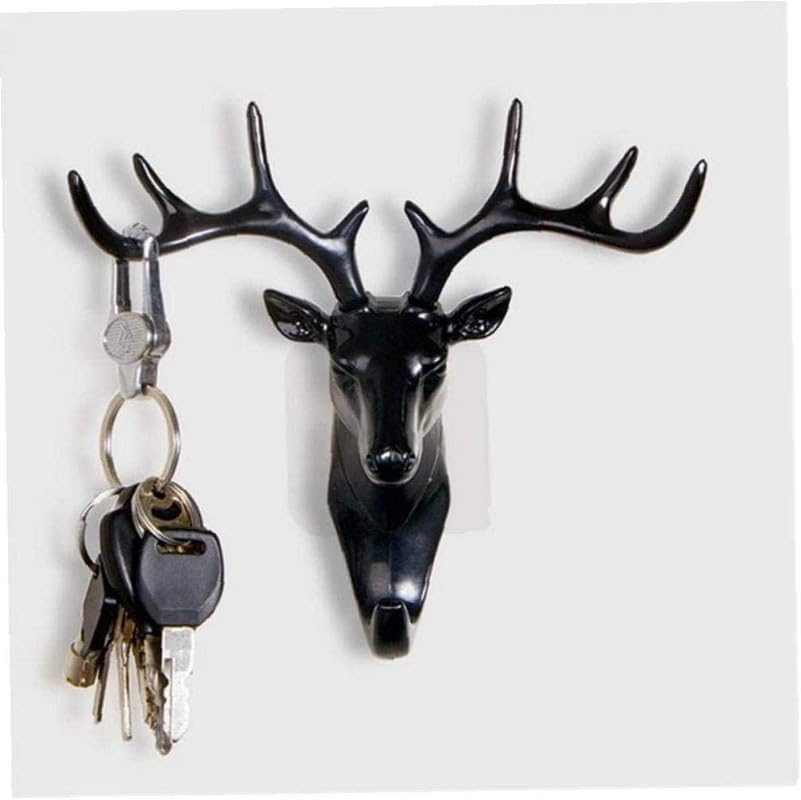 Image of Deer Head Wall Hooks Behind Door Keys Coat Hangers Self Adhesive Wall Door Hook Hanger Bag Keys Sticky Holder Plastic for Home, Living Room, Bedroom, Bathroom (Pack of 1, Black)