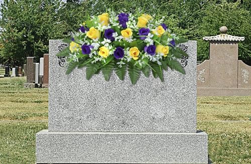 LVXINLI Artificial Cemetery Flowers Saddle-Shaped Tombstone Decorations Non-Fading UV-Resistant（ Yellow+Purple Saddle） image 1