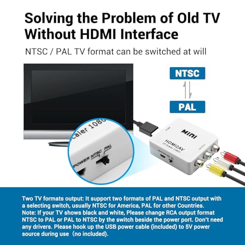 Image of SANCY Mini HDMI to AV RCA Converter - 1080P HD Video Adapter with Up Scaler for HDMI Input to Composite Output - Supports TV, DVD, VCR, Projector