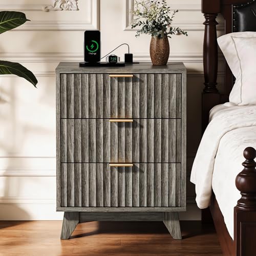 Image of VINGLI Gray Nightstands Set of 2 with Charging Station, Fluted Nightstand 3 Drawers Grey Night Stand for Bedroom, Fluted Grey Bedside Table /End Table /Side Table, 17.72 inch W*13.78 inch D*23.62 inch H, 2 pcs