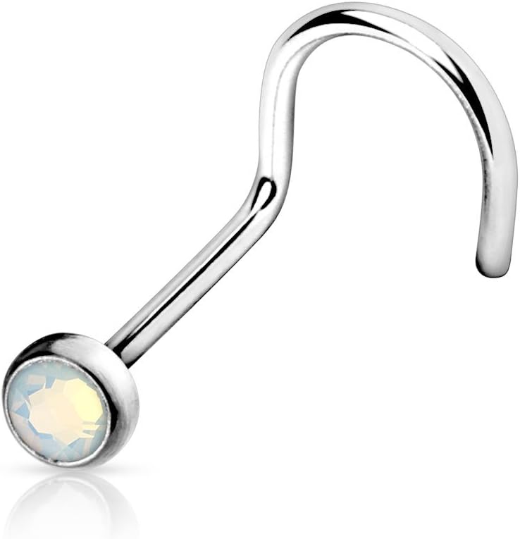 (2 Pieces Nose Screw with Opal Set Flat Top 316L Surgical Steel 20g (0.8mm) Nickle Free