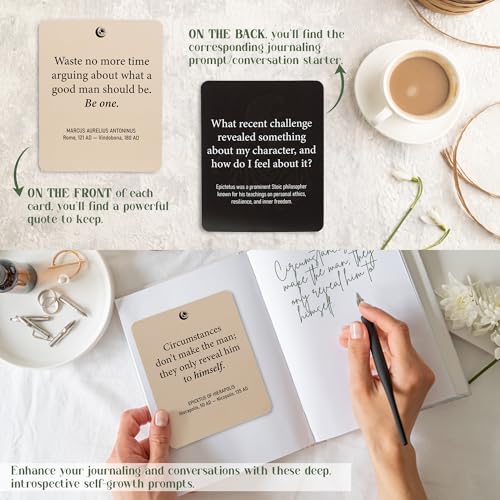 Image of The Stoic Blueprint - 54 Daily Stoic Motivational Cards with Display Stand and Journal Prompts - Personal Growth & Mindfulness Gift for Men and Women - Inspirational Quotes for Desk, Office, or Home Decor