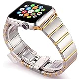 Pomarks Golden Polishing Metal Stainless Steel Strap with Butterfly Buckle for Apple Watch – 38mm Gold