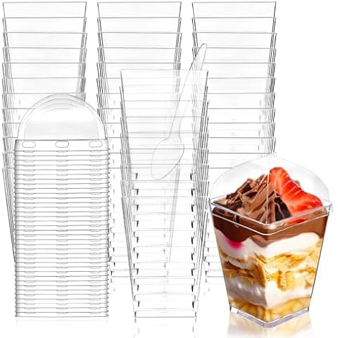 Legredic 30Pack 5oz Plastic Dessert Cups with Lids and Spoons, Square Clear Parfait Appetizer Cups, Mini Reusable Shooter Serving Cups, Party Dessert Shot Glasses for Tasting Cover