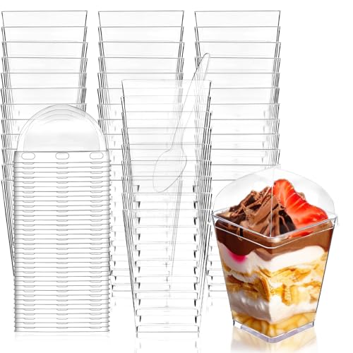 Legredic 30Pack 5oz Plastic Dessert Cups with Lids and Spoons, Square Clear Parfait Appetizer Cups, Mini Reusable Shooter Serving Cups, Party Dessert Shot Glasses for Tasting