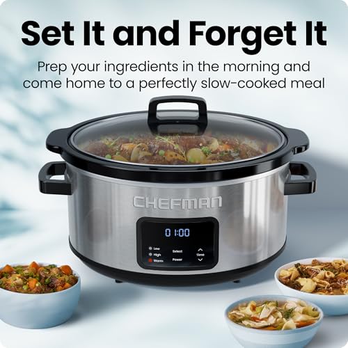 Chefman Slow Cooker 7 Quart, Large Family Size Programmable Digital Slow Cooker with 24-Hour Timer, Low, High & Warm Settings, Ceramic Crock, Tempered Glass Lid, Dishwasher-Safe, Stainless Steel - image 2