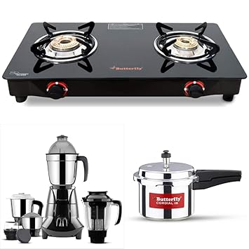 Butterfly Smart Glass Top 2 Burner Open Gas Stove (Black) & Cordial Induction Base Aluminium Pressure Coo