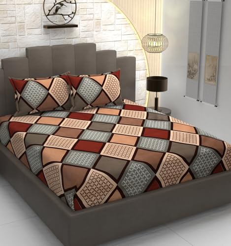 Image of Premium Heavy Cotton Flat Check Bedsheets With 2 King Size Pillow Covers||90 X 100 Inch King Size Flat||Brown Multi Box, 350 TC