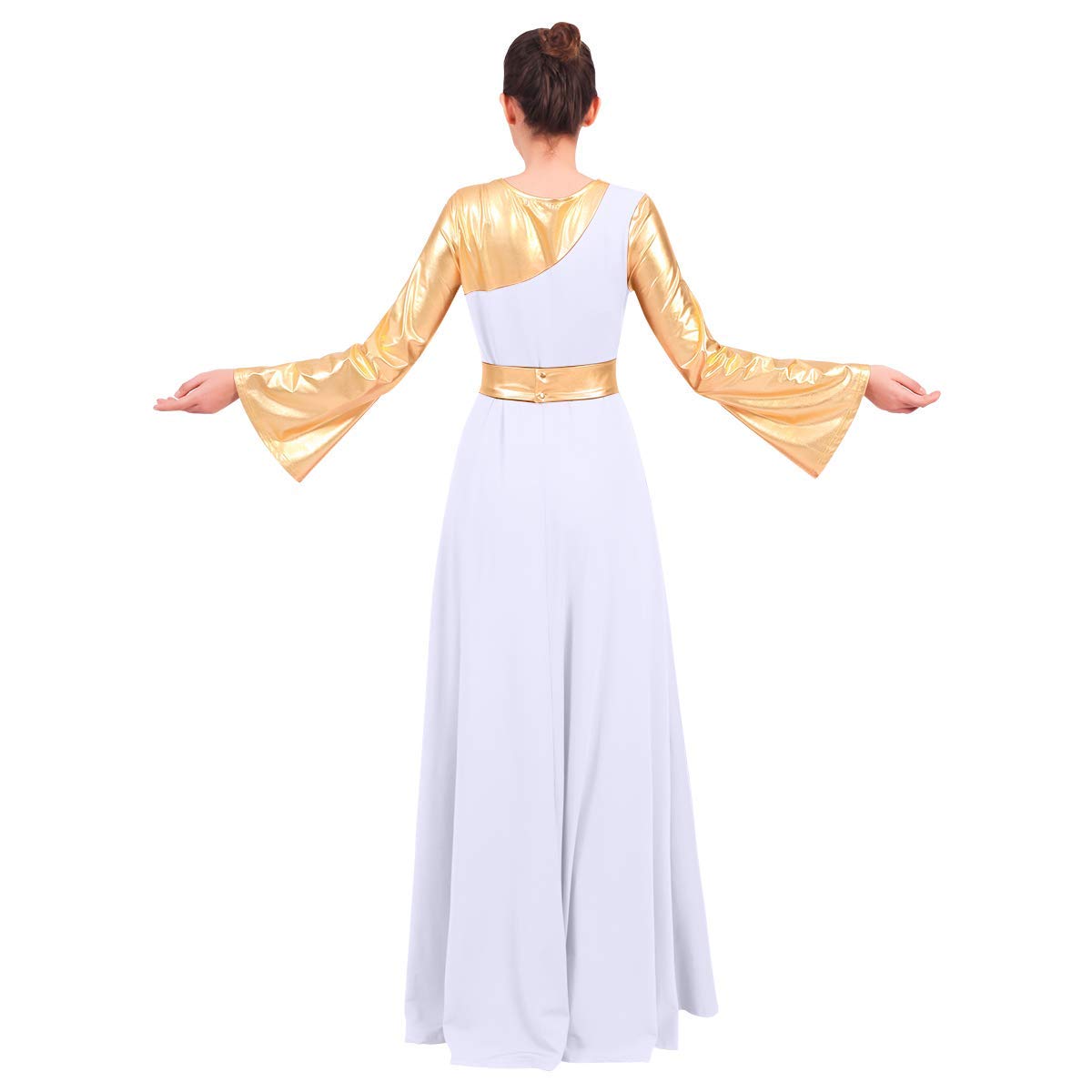 FYMNSI Liturgiques Robe de Danse Femme Cloche à Manches Longues Robe de Soirée Chambre Cocktail Métallique Contraste Plissé Robe de Ballet Classique Robe de Latine Valse Spectacle XS-3XL