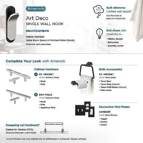 Image of Amerock Unison Single Prong Matte Black /Polished Nickel Wall-Mounted Hook