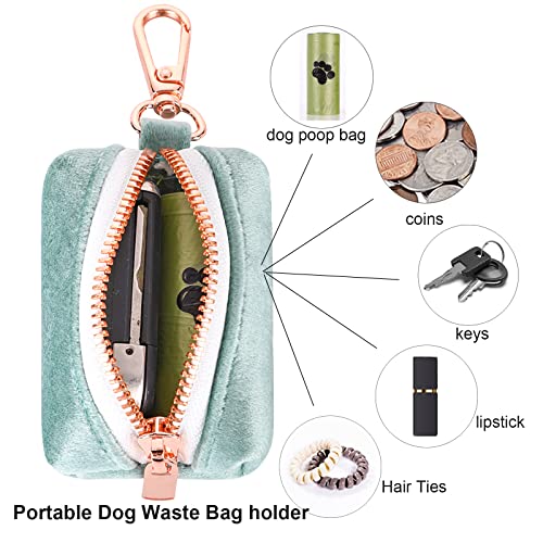Image of ARING PET Dog Waste Bag Dispenser, Velvet Green Doggy Poop Bags Holders Attach to Any Leashes, Portable Washable Pet Waste Pouch Dispenser with Metal Zipper