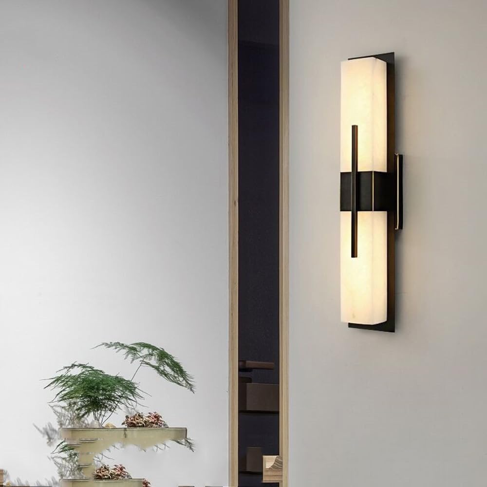 Applique da Parete per Interni Striscia Luminosa Lineare da 23,6" (60 Cm Circa) LED 12W Nero Marmo Pietra Naturale Ottone Lampade da Parete Dorate per Camera da Letto Comodino Soggiorno Stile Rustic