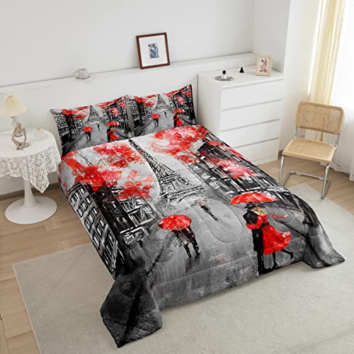 Red Paris Eiffel Tower Comforter Set Queen Size French Style Couple Lover Flower Bedding Sets For Girls Women Kids Quilted Duvet 1 Comforter + 2 Pillow Cases Romantic Bedroom Decor, Grey Black #TOP2