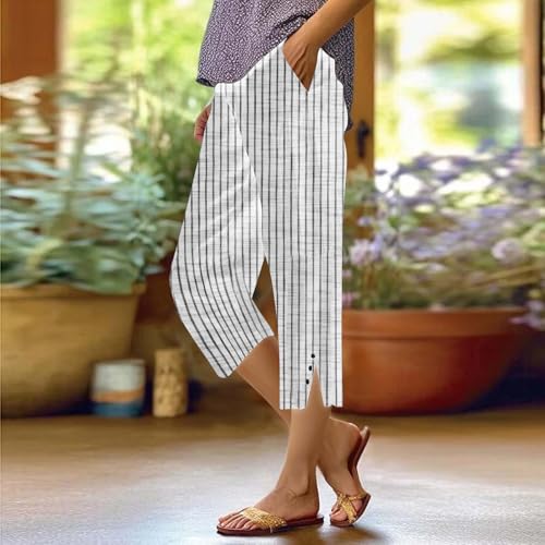 Pedal Pushers for Women Pull On Wide Leg Pants Cotton Linen Trousers Casual Loose High Waist Beach Pants2