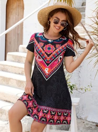 Image of Heymoments Women's Short Sleeve Crewneck Sundress Summer Casual A-Line Beach Dress with Pockets S-2XL