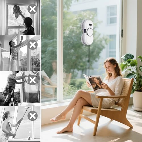 Plasaig Fensterputzroboter, automatischer Wasserstrahl-Fensterreiniger, 2800 Pa intelligenter elektrischer Fensterputzer, 3 Reinigungsmodi, für glatte Oberflächen, mit 10 Reinigungstüchern (Weiß)