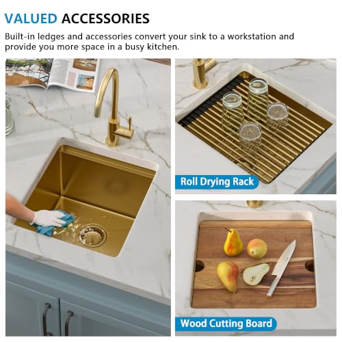 Image of 15 inchx17 inch Gold Bar Prep Sink Undermount Workstation | Brushed Gold NANO-PVD 16 Gauge T304 Stainless Steel Single Bowl Under Counter Basin for RV Kitchen Wet Bar Prep Station