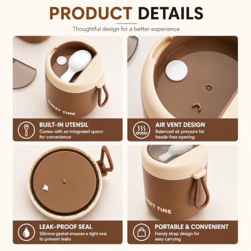 Image of Portable Food Container 430ml with Spoon | Silicone Sealed Lid & Pressure Release Vent | Compact Lunch Pot with Carry Loop for Snacks Meals Office School & Travel - Coffee