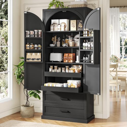 Einhomn 71'' Kitchen Pantry Cabinet, 2 Pull-Out Trays, 2 Drawers, Black