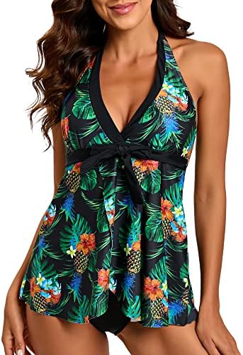 FLYILY Women's 2 Piece Tankini Swimsuits V-Neck Floral Print Tankini Tops Swimwear with Shorts Tummy Control Bathing Suits Bikini Set