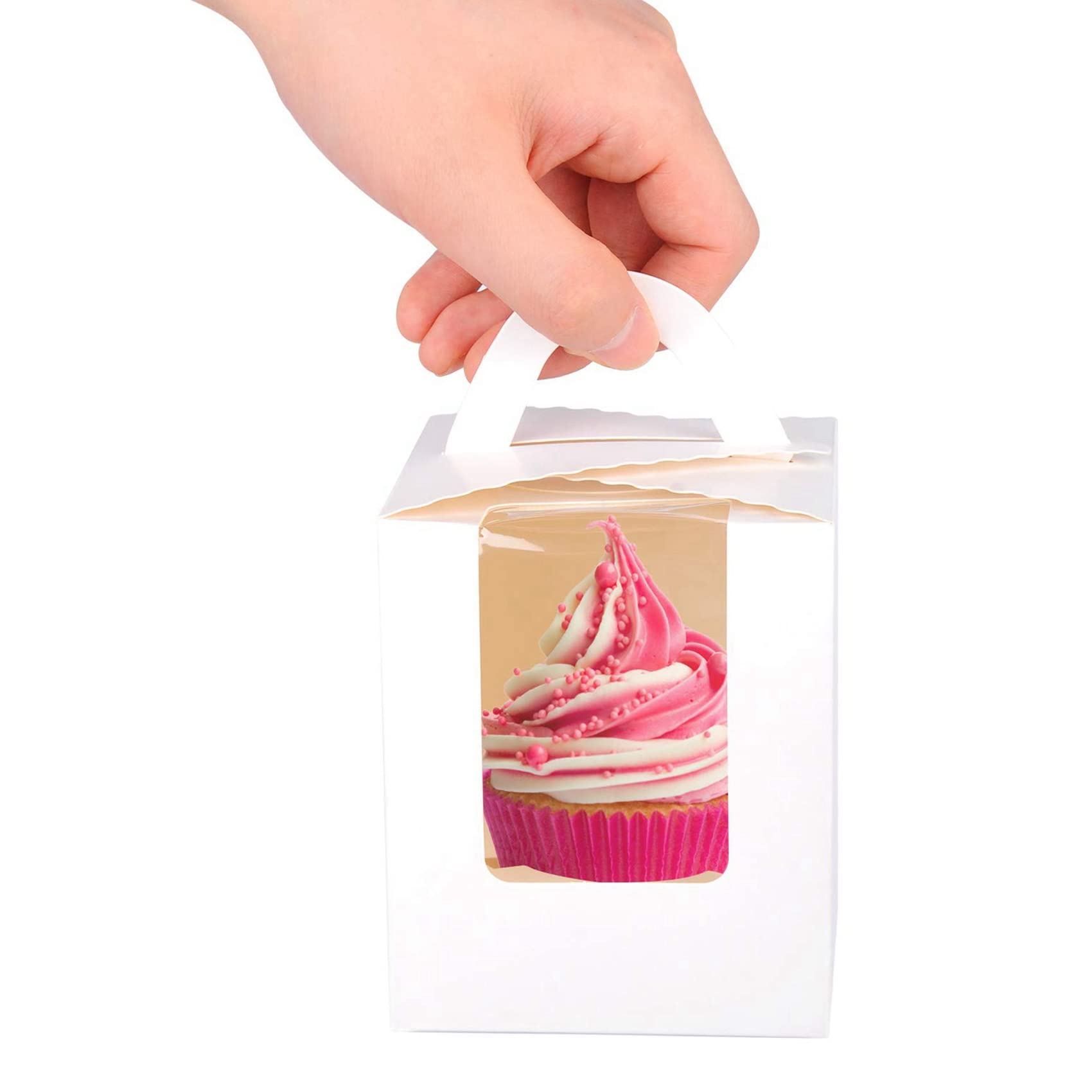 PENGY 150 piezas Serie Cajas de Pastel Simples Piezas Titulares de Cupcake Individuales Blancos con Insertos de Ventana para Embalaje de Empaquetado de Panadería