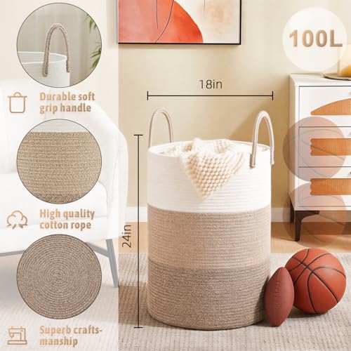 Image of Artfeel Laundry Basket,Woven Cotton Rope Laundry Hamper,100L for Decorative Storage of Dirty Clothes,Toys and Blankets in Bathroom,Bedroom and Living Room