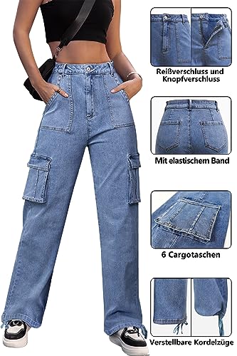 Dordanity Y2K Cargohose für Damen Baggy Hosen High Waist Wanderhose Baumwolle Arbeitshose mit Multi Taschen(Denim Blau,L)