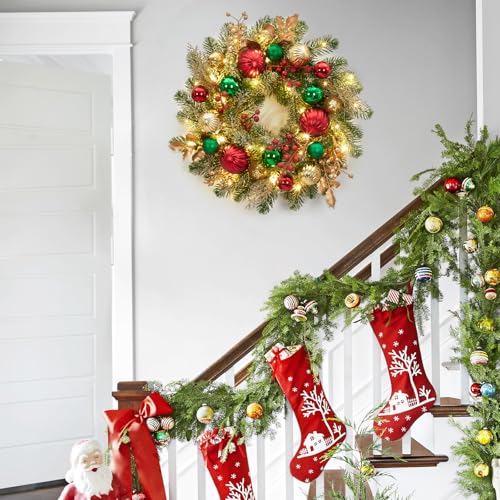 GarveeHome 16 Inch Prelit Christmas Wreath for Front Door, Artificial Xmas Wreath with Red Green Gold Ball Ornaments 30 Led Lights Battery Operated for Indoor Outside Fireplace Window Decor