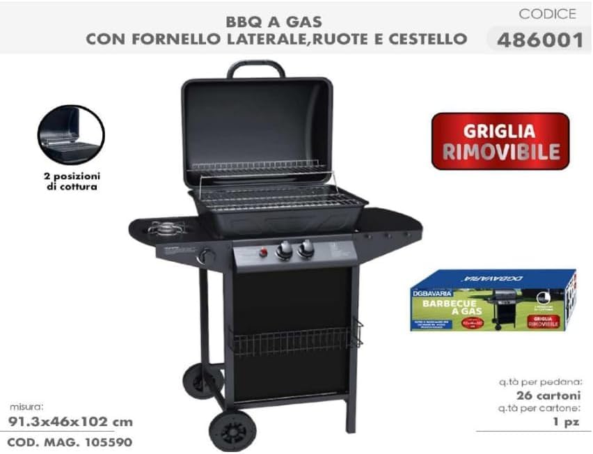 Barbecue A Gas 2 Fuochi Fornello Con Griglia Cromata 92x46x102cm DGBAVARIA