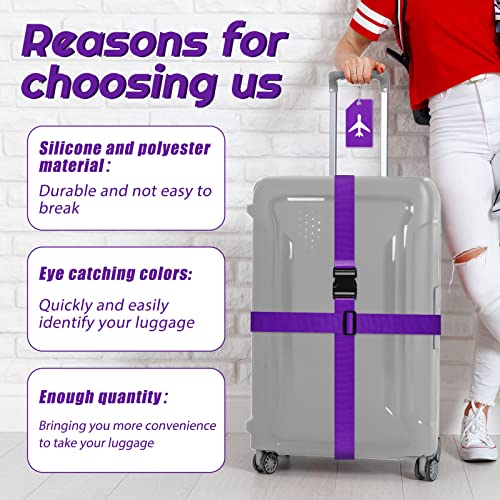 Image of 8 Pack Luggage Straps Suitcase Tags Set, Travel Adjustable Suitcase Belt Silicone Luggage Tags with Name ID Card Man Women Travel Accessories, Dark Purple, 2 inches x 72 inches, Airplane