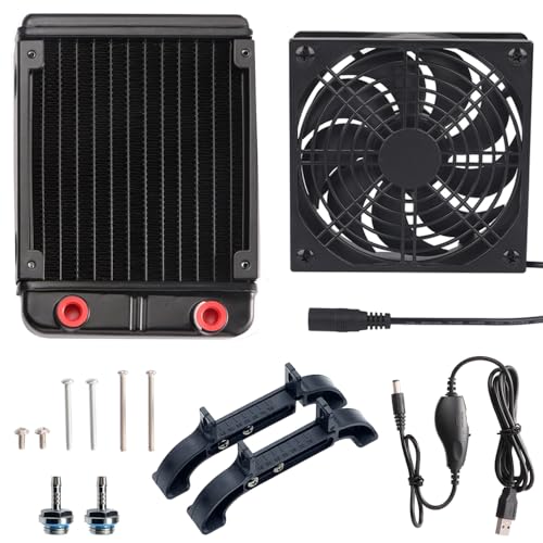 Water Cooling Computer Radiator with Stand, Aluminum Heat Exchanger Liquid Cooling Radiator Heat Sink 120mm with Speed Control Cooling Fan for CPU PC Laser Water Cool System DC12V Black