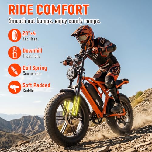 Image of TST Electric Bike for Adults, 1500W Peak Motor 60 Miles Fat Tire Ebike with 48V 15Ah Removable Battery 20 inch Fat Tire Electric Bike, Dual Suspension,7 Speeds Orange