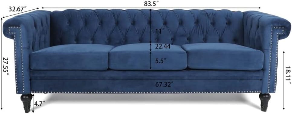 83.5 Inch Width Traditional Square Arm Removable Cushion 3 Seater Sofa