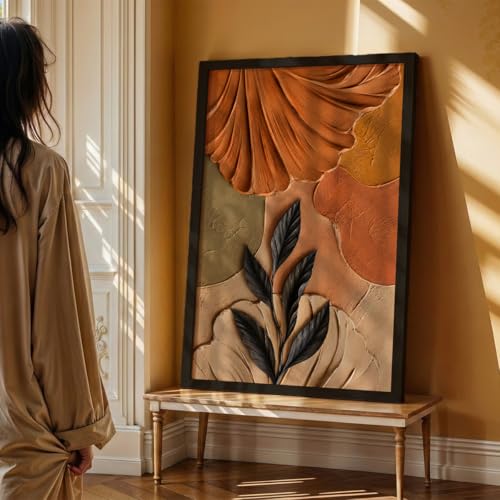 Image of NoWorries 3D Abstract Leaf Wall Painting with Frame Set of 1 | Premium Textured Black Leaf Artwork, Earthy Terracotta Botanical Wall Decor for Living Room, Bedroom, Office and Home Decoration (3d Art-15,13x19inch)