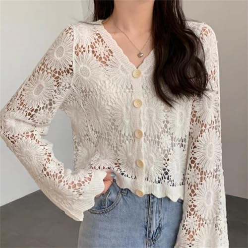 Cutout Embroidered V-Neck Button Long Sleeve Top, Besidewith Hollow Half Sleeve Cardigan, Besidewith Top2