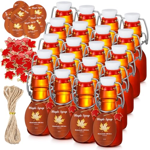 Skybooly 20 Sets Swing Top Glass Bottles with Tags and Twine Rope Airtight Glass Jar for Home Brewing Beverages Oil Homemade Wedding Baby Shower Party Favors Holiday DIY Craft(2oz,Maple Syrup)