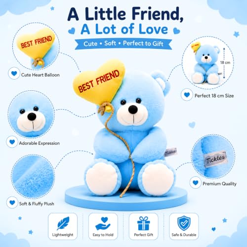 Image of Tickles Cute Teddy Holding Best Friend Heart Balloon Soft Stuffed Plush Toy for Kids Boys & Girls Friendship Birthday Gift (Color: Blue Size: 18 cm)