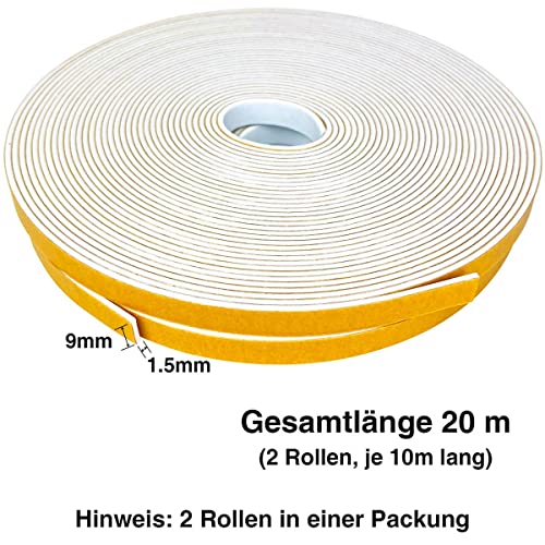 Palazen 20m Dichtungsband Selbstklebend für Türen Fenster 9mm(B) x1.5mm(D) Moosgummi Dichtband als Tür-Fenster-Dichtung-Zugluftstopper Schaumstoffband Abdichtung Weiß [2 Rollen mit je 10m]