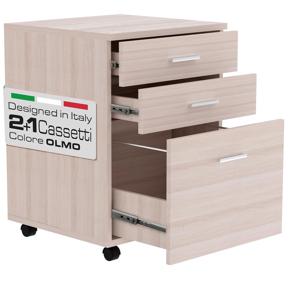 BAKAJI Cajonera móvil para escritorio, mueble para impresora de madera MDF con 3 cajones y 4 ruedas giratorias, diseño moderno, decoración para casa u oficina. Dimensiones: 46,5 x 45 x 64 cm (Olmo)