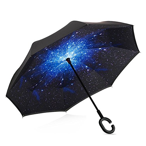 Preisvergleich Produktbild Umbrella Reverse Double Layer Winddichtes Reversion Regenschirm Groß,Innovative Umgekehrt Schirm Doppelter stockschirm C-Förmigem Hände Frei Griff für Auto Outdoor Damen Herren schwarz Sternen