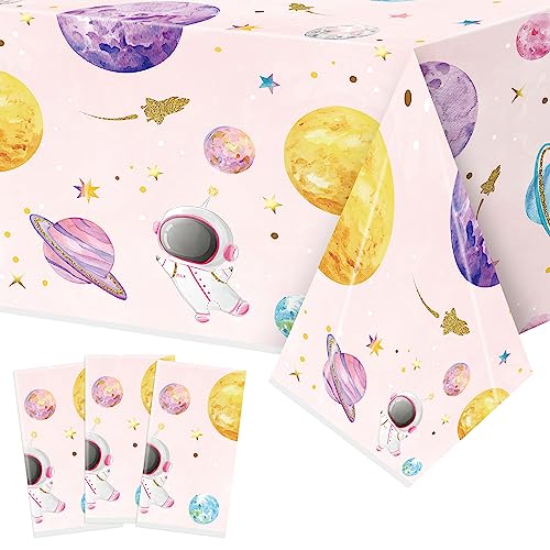 Image of Pink Watercolor Table Cover - 3 Pack 54 X 108 Inch Pink Watercolor Outer Space Disposable Plastic Rectangle Print Table Cloth Baby Shower Kids Birthday Party Tablecloths Decoration Supplies