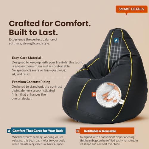 Image of Sattva Classic 2XL Bean Bag Chair with Beans Filled | Sofa Style Faux Leather Sofa Style Beanbags with Filled Beans | Bin Bags & Beam Bag for Adults | Home & Office, Black with Yellow Piping