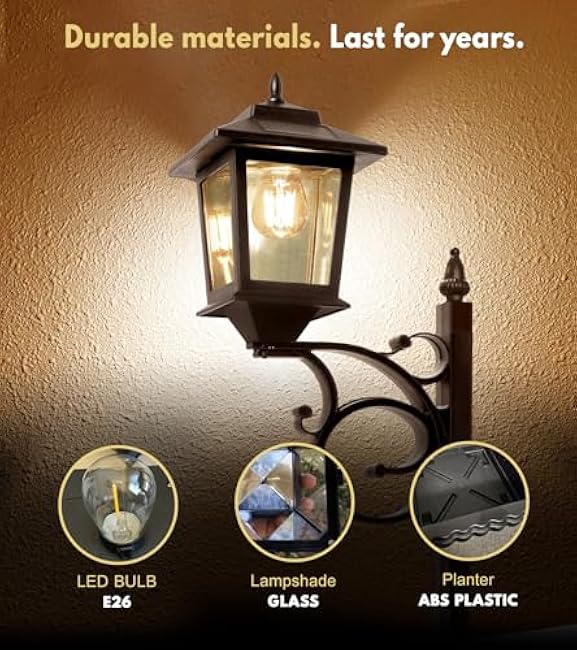 2 in 1 Outdoor Flower Pots for Real or Fake Flowers, Solar Lamp Post Lights - Wall Mount or Freestanding, Waterproof Decorative Lamp for Lawn, Patio, Front/Back Door