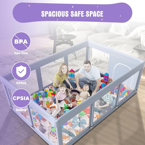 Image of Baby Playpen with Mat 74x50 in PlayPen for Babies and Toddlers, Large Play Yards for Indoor & Outdoor with Zipper Gates, Breathable Mesh