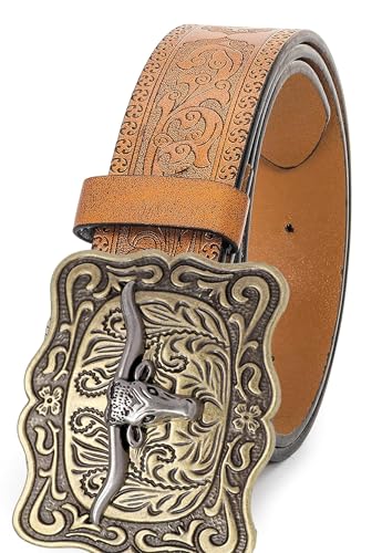 Utaly Western Cowboy Cowgirl Leather Belts - Women Men Turquoise Embossed Waist Belts With LongHorn Bull Buckles Fit 25-38”2