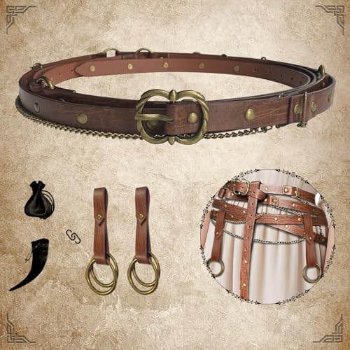 3PCs Medieval Fantasy Belt Skirt Hikes Set, Renaissance Adjustable Faux Chain Belt with Skirt Clips for Cosplay Faire4