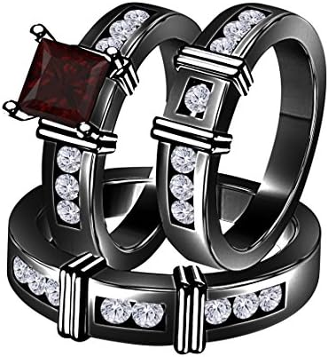 Jewelryhub 2.10 Carat Synthetic Red Garnet Princess Cut & Round CZ Diamond 14k Black Gold Over Silver Engagement His & Her Wedding Engagement Trio Ring Set in Express Shipping