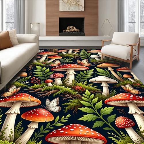 Design&I Low Pile Flatwoven Area Rug 2x3, Whimsical Woodland Mushrooms