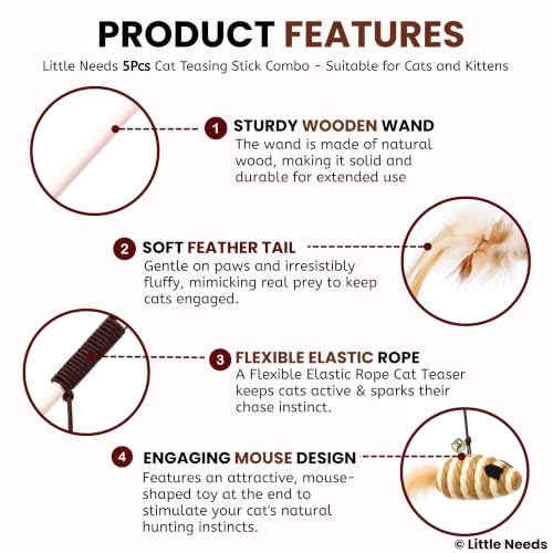 Image of Interactive Cat Teaser Stick Combo of 5 - (Mouse Bell, Stripe, Brown Rabbit, Sisal Mouse & Pink Puppy) with Attached Bell | Fun, Engaging Toy for Cats & Kittens | Indoor & Outdoor Play